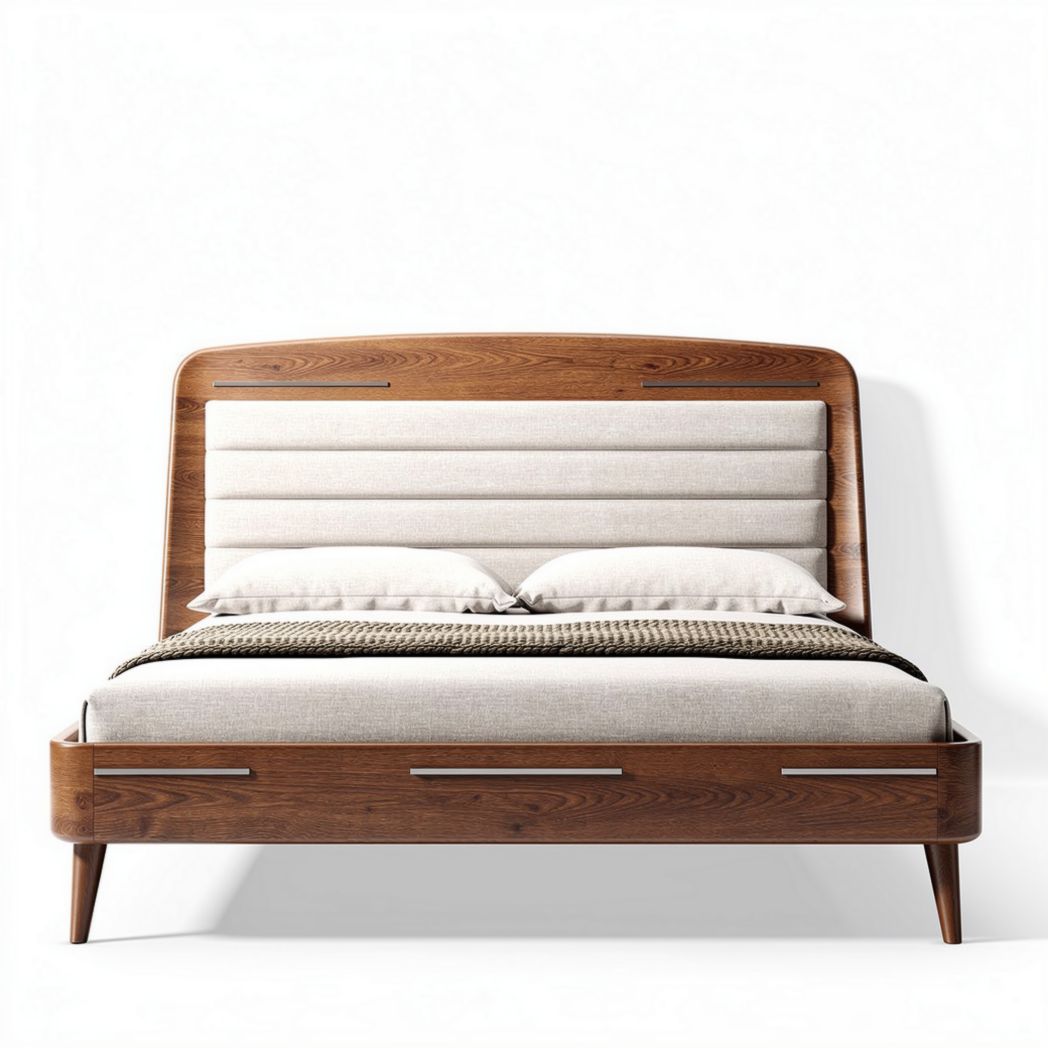 Wooden bed frame with upholstered headboard in light beige 200 x 160 x 100cm