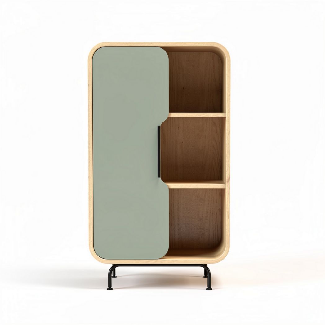Wooden storage cabinet with green door and metal legs 80 x 40 x 120cm