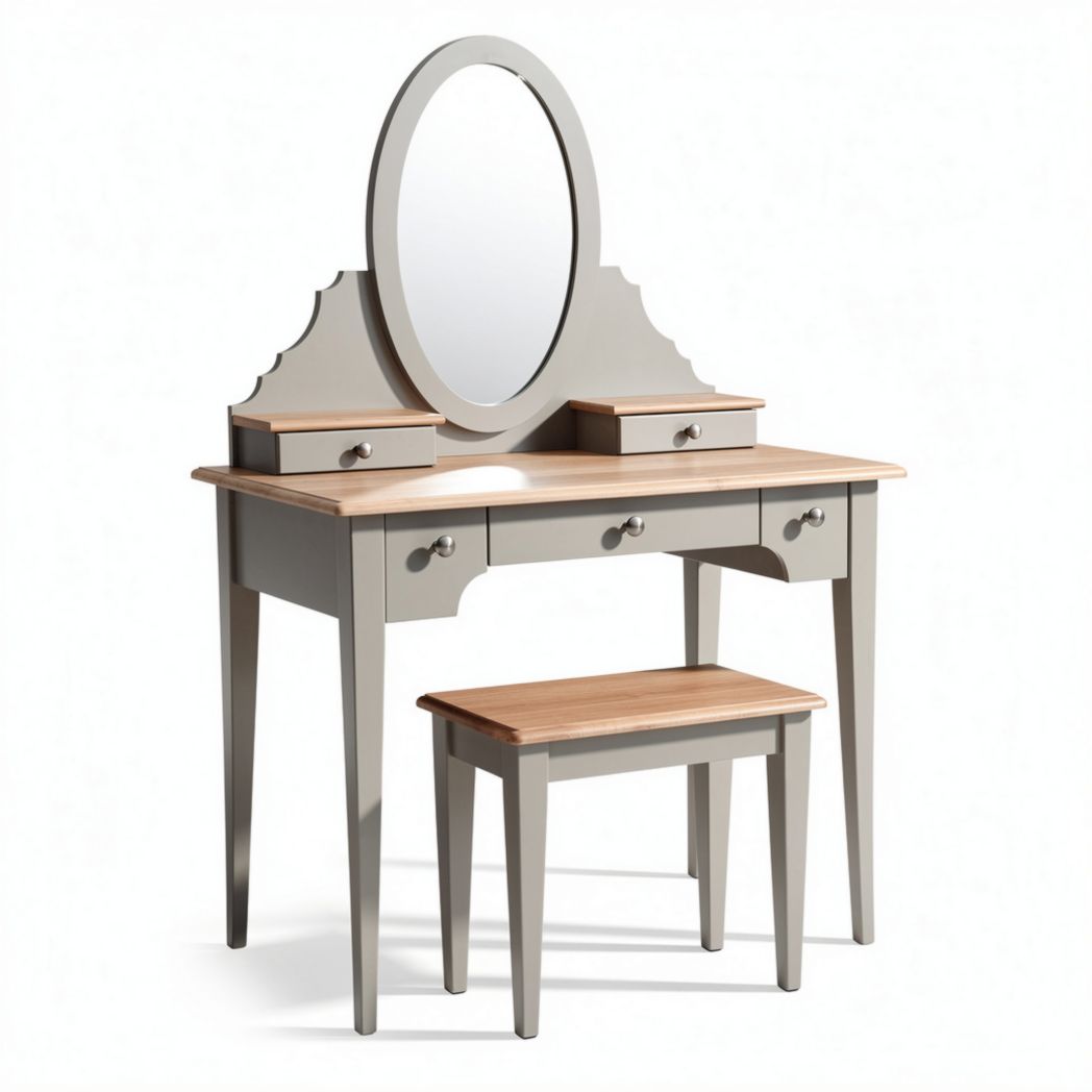 Vanity table with mirror and stool set in gray and natural wood finish 90 x 40 x 140cm