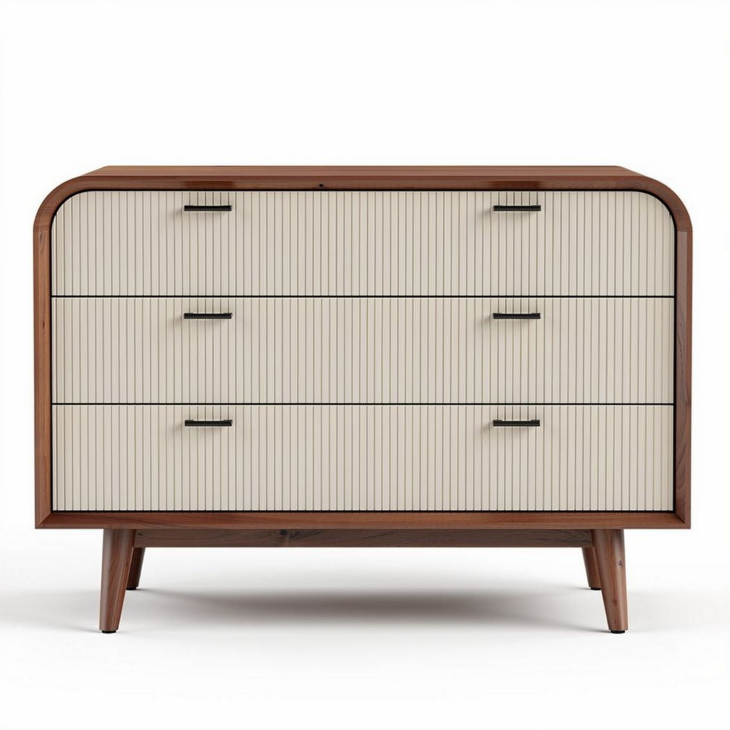 Mid-century modern dresser with three drawers in white and walnut finish 100 x 50 x 75cm