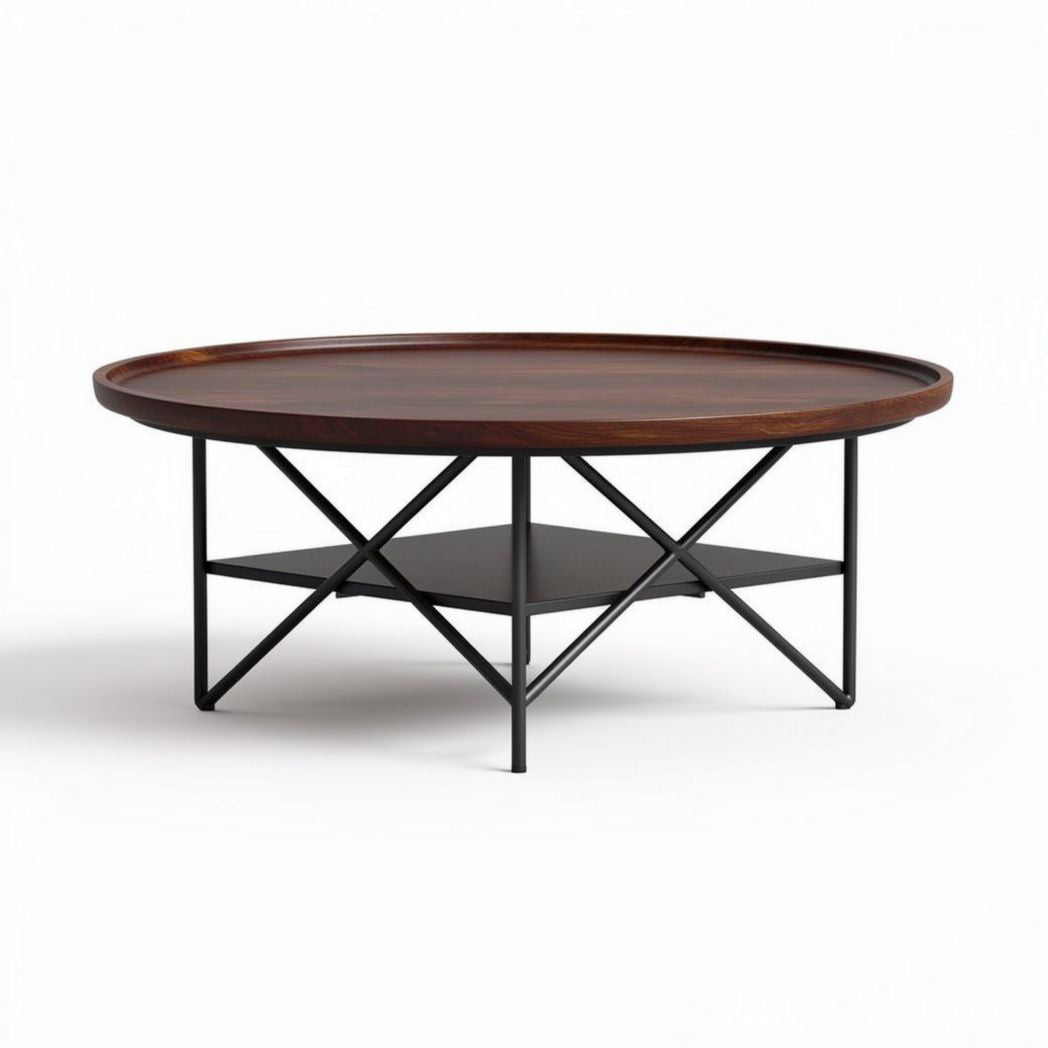 Round coffee table with wood top and black metal frame 80 x 80 x 40cm