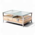 Glass top coffee table with wooden base and two storage drawers 100 x 60 x 45cm