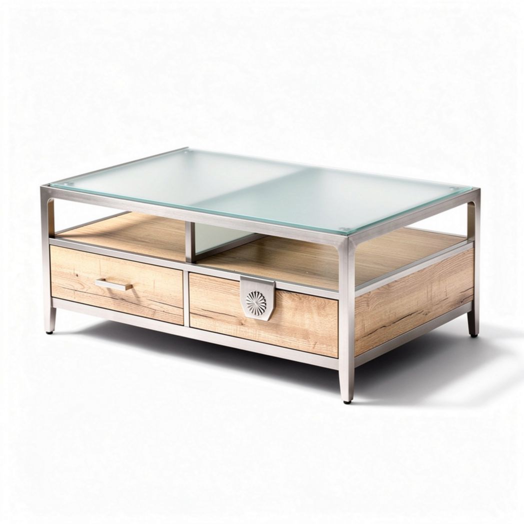 Glass top coffee table with wooden base and two storage drawers 100 x 60 x 45cm