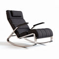 Rocking lounge chair with adjustable headrest in black fabric and metal frame