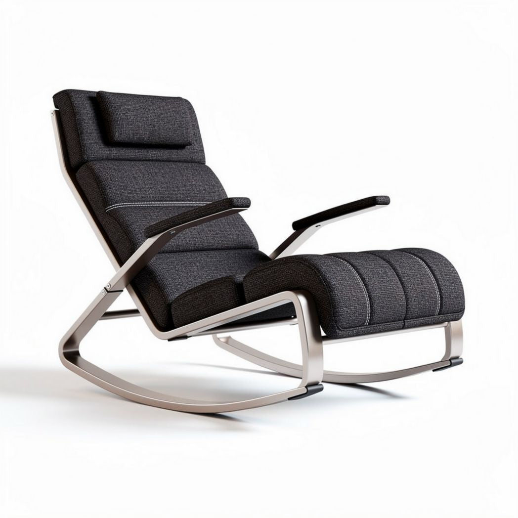 Rocking lounge chair with adjustable headrest in black fabric and metal frame