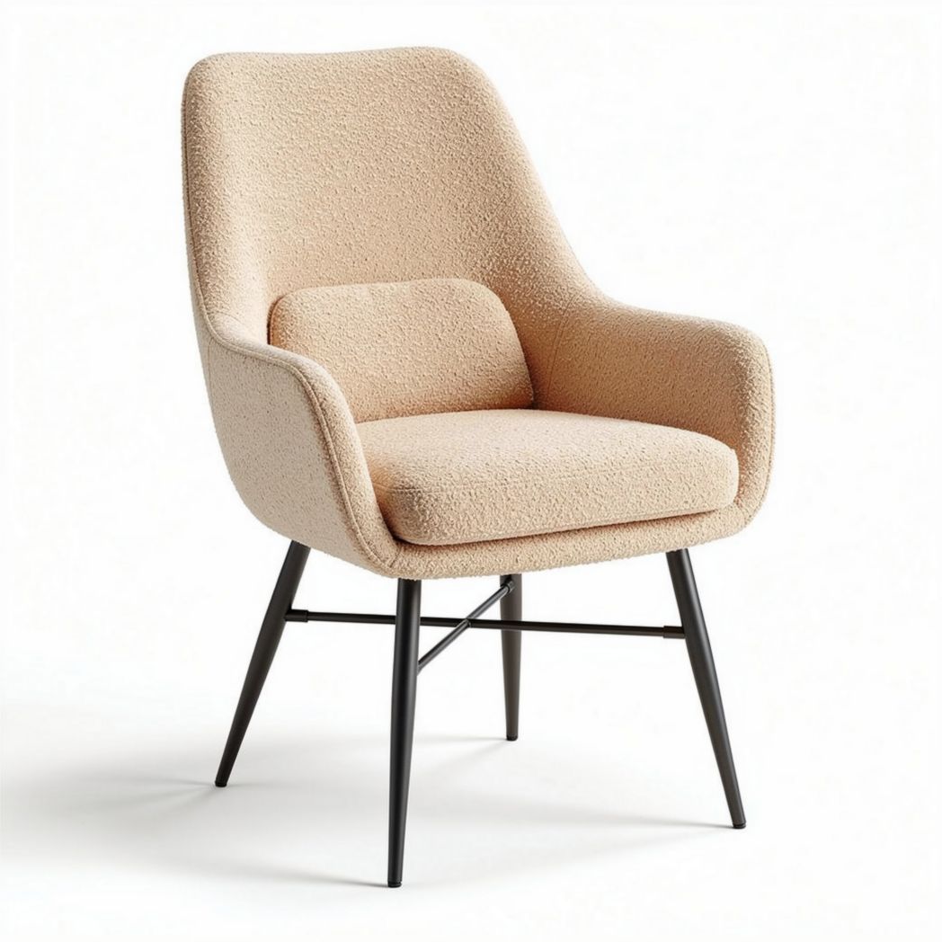 Fabric lounge chair with metal legs in beige color for living room use