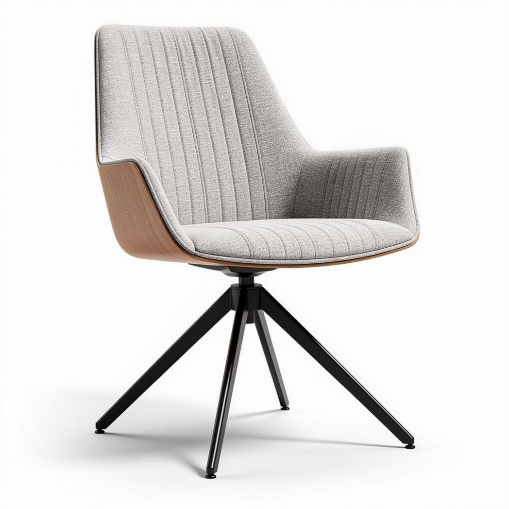 Swivel accent chair with upholstered grey fabric seat and wooden base