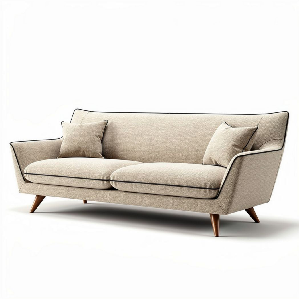 Beige fabric three-seat sofa with two accent pillows 200 x 90 x 85cm